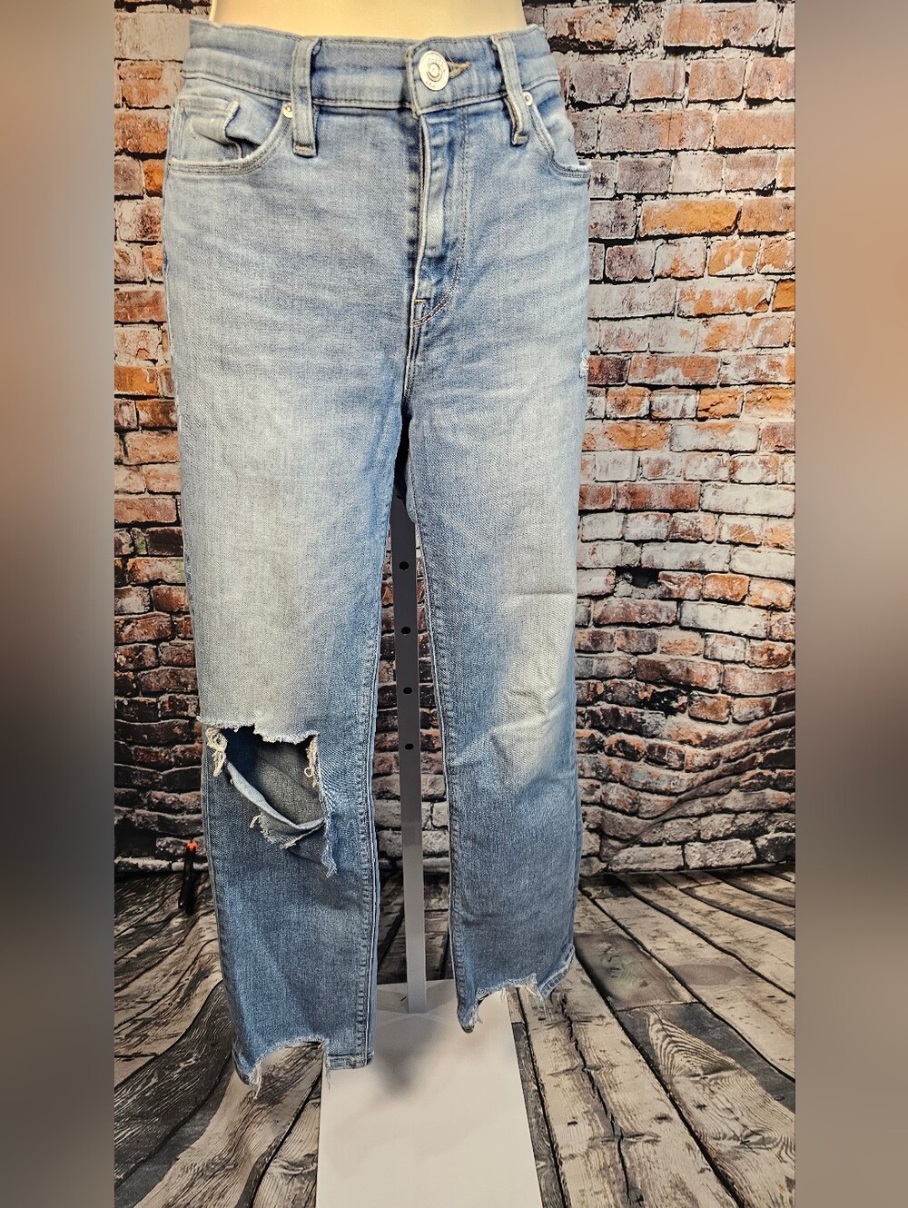 Hudson Nico Straight Jeans Distressed Knee Raw Hem Light Wash Women's 28